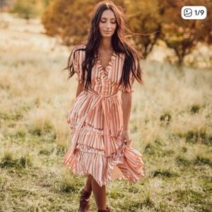 Jessakae Womens XS Traditional Stripe Scalloped Ruffle Midi Dress New Orange